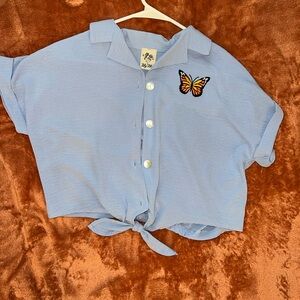 Lily Bleu Light Blue Button Down Shirt with Butterfly Patch